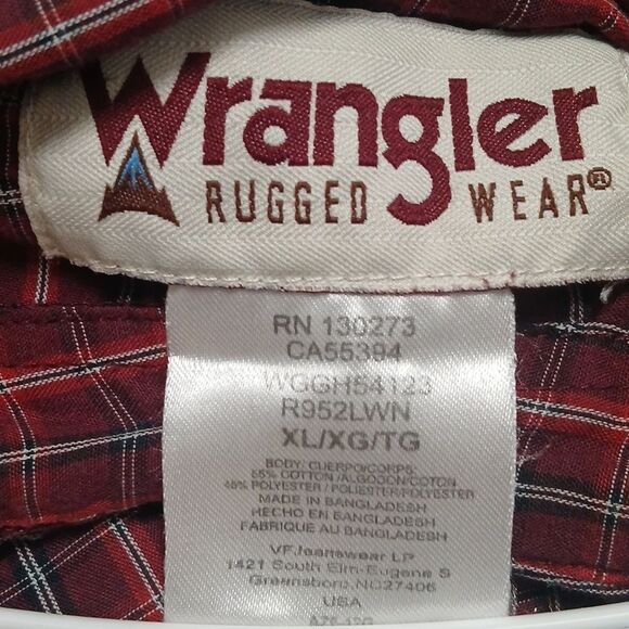 Wrangler Rugger wear burgundy & black plaid long sleeve button down shirt Sz XL - Picture 8 of 8